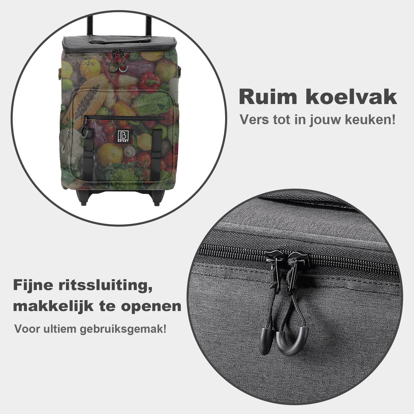 Brisby Boodschappentrolley met Koelvak – 32L Ruimte – Ideaal voor Boodschappen – Inclusief Koelelementen – Waterafstotend – Verstelbaar Handvat – Donkergrijs