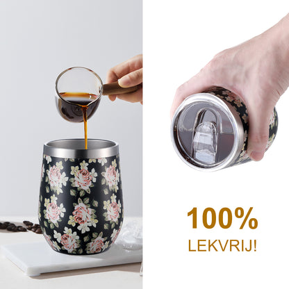 Thermosbeker set black flower - 2 bekers met lekvrije deksels - dubbelwandig - 360ml