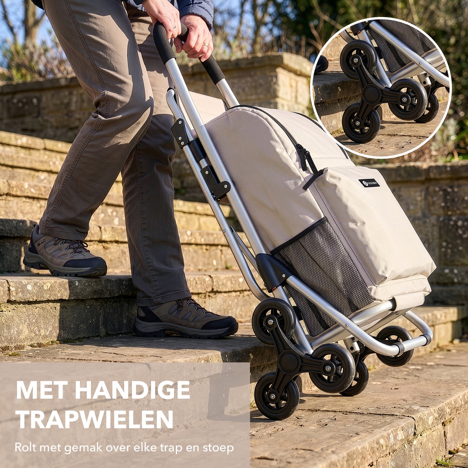Packaway 35L Boodschappentrolley met 6 Wielen voor Trappen - Klapstoel Functie - Steekwagen Functie - Geïsoleerd - Afneembare Rugzak - Champagne