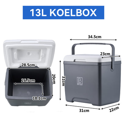 Brisby Koelbox - Frigobox - 13L- Grijs - Tot maximaal 40 uur isolatie - Incl. 2 dikke koelelementen van 450ml - Met koelelementen vergrendeld in deksel en Brisby 500ml Zwarte Dubbelwandige Thermosfles