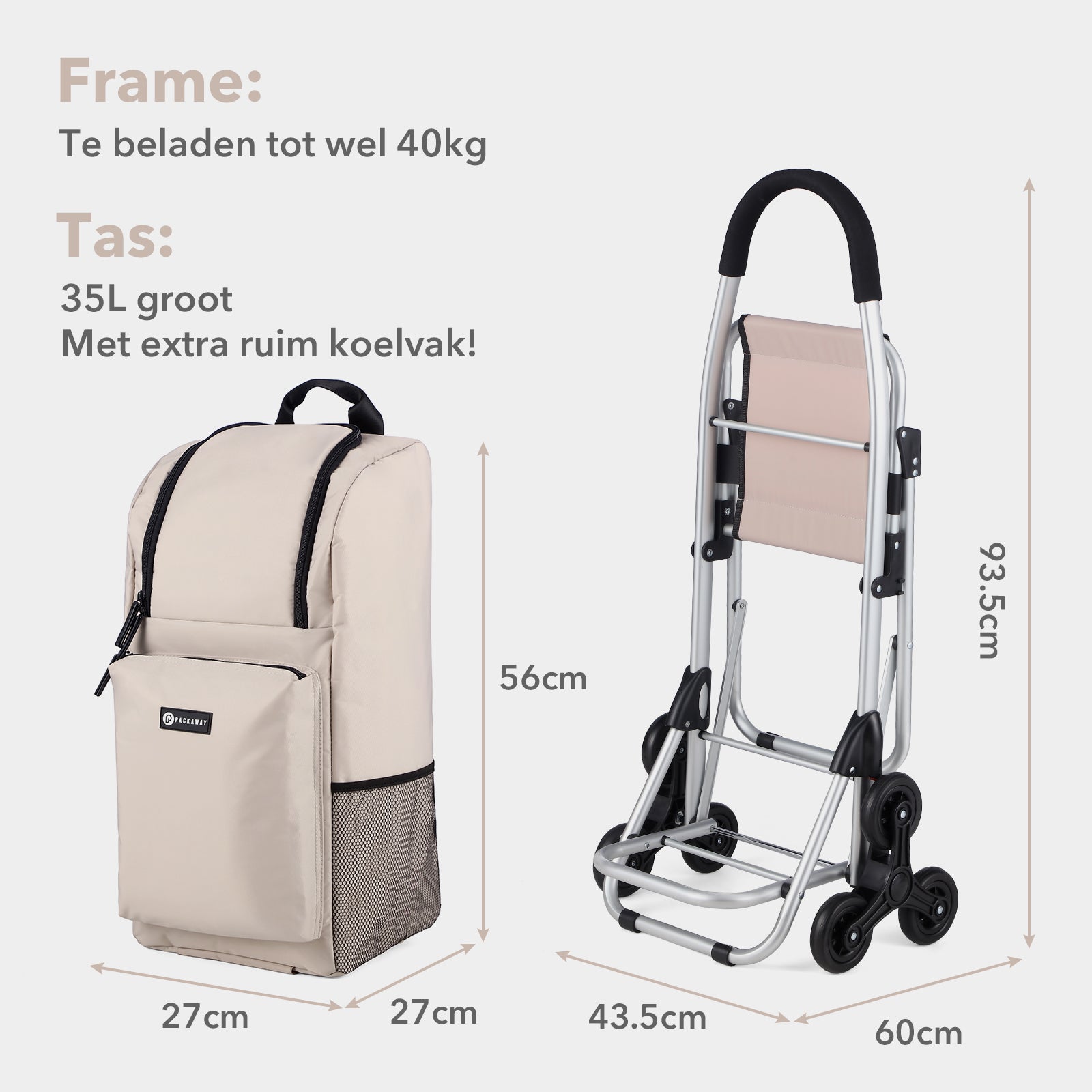 Packaway 35L Boodschappentrolley met 6 Wielen voor Trappen - Klapstoel Functie - Steekwagen Functie - Geïsoleerd - Afneembare Rugzak - Champagne