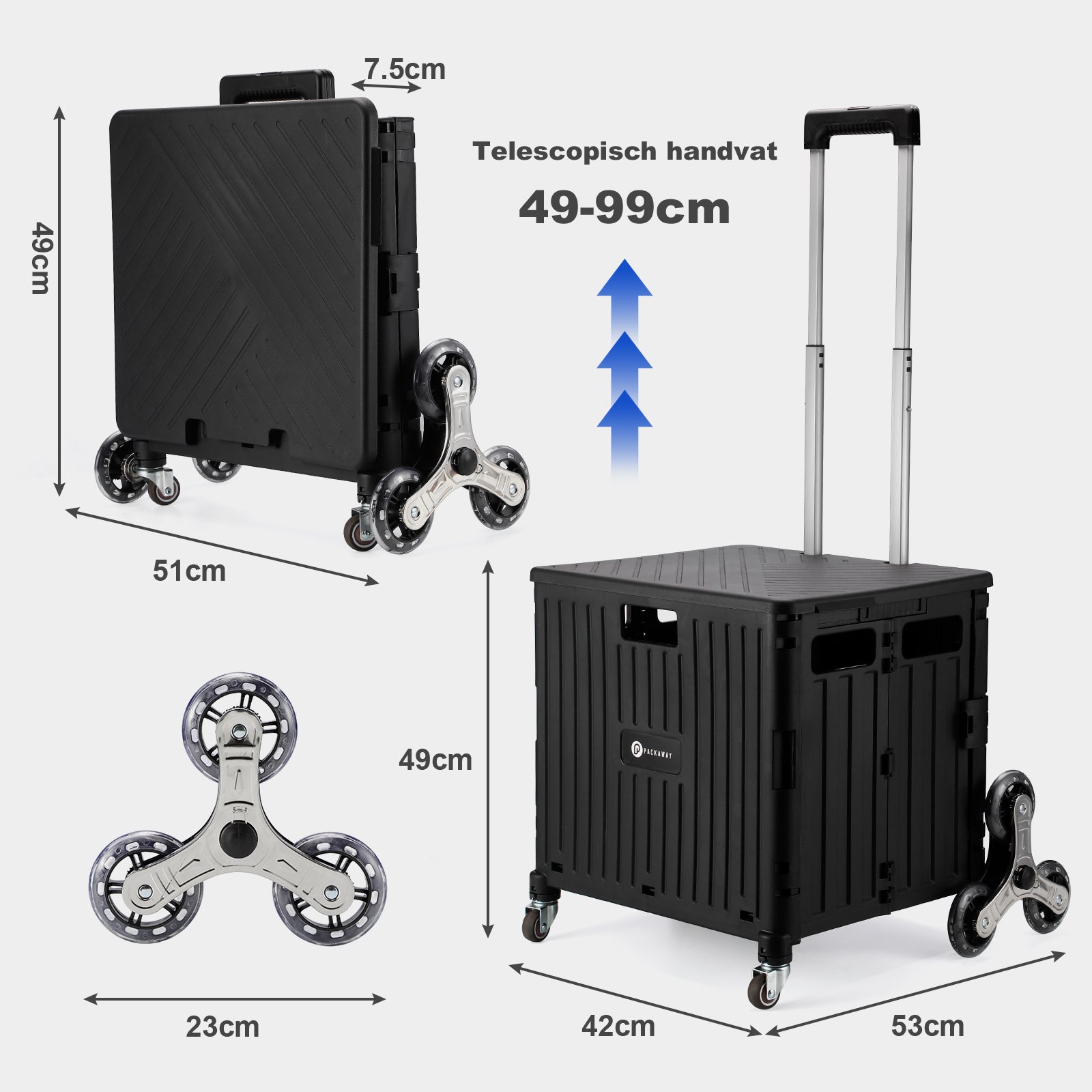 Packaway Boodschappentrolley 50L XL zwart - incl. trapwielen, deksel - 35 kg draagvermogen