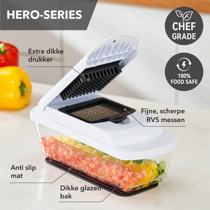 BARDI 12 Delige Groentesnijder met Glazen Ovenschaal - Mandoline Keukensnijder - Groentensnijder Multifunctioneel - Uiensnijder - Anti-slip mat - Glas & RSV - Zwart & Wit