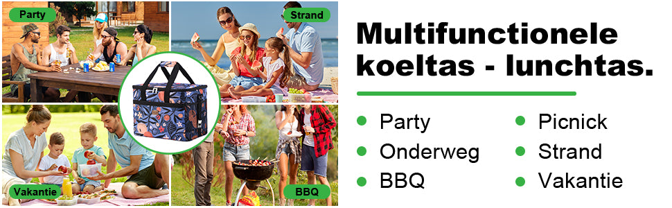 Koeltas 30L valencia - lunchtas - opvouwbaar - 4-laags geïsoleerd - incl. 4 gratis koelelementen en draagband