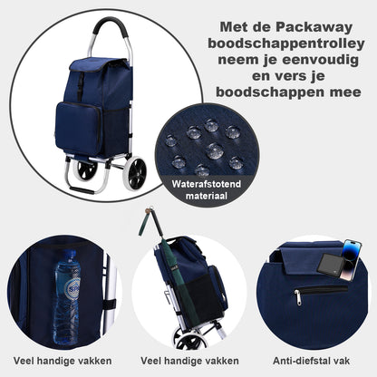 Boodschappentrolley 45L blauw - winkelwagen ophanging - opvouwbaar - telescopisch handvat