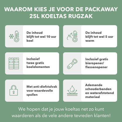 Packaway Koeltas rugzak 25L groen - incl. 2  koelelementen, flessenopener