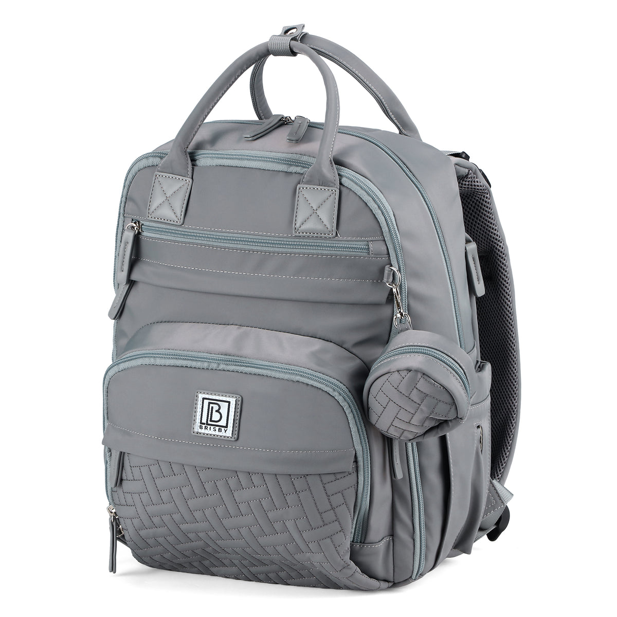 Brisby Premium Luiertas – Uitgebreide en Functionele Verzorgingstas – met buggymontage – Anti Diefstal Vakken - Reistrolley Sleeve - Inclusief verschoonmatje t.w.v.15,99 euro en speenhouder - Levenslange Garantie - Misty Grey