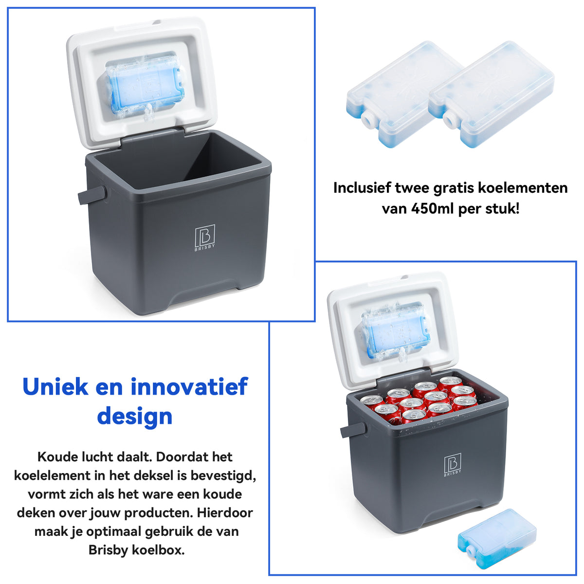Brisby Koelbox - Frigobox - 13L- Grijs - Tot maximaal 40 uur isolatie - Incl. 2 dikke koelelementen van 450ml - Met koelelementen vergrendeld in deksel en Brisby 500ml Zwarte Dubbelwandige Thermosfles