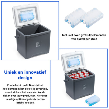 Brisby Koelbox - Frigobox - 13L - Grijs - Tot maximaal 40 uur isolatie - Incl. 2 dikke koelelementen van 450ml - Temperatuur veilige sluiting - Nieuw ontwerp met koelelement vergrendeld in deksel