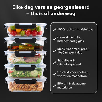 Bardi 10-delige set glazen vershoudbakjes 1060ml & 370ml - oven- magnetron- en vriezerbestendig,  incl. 10 wondersponsen