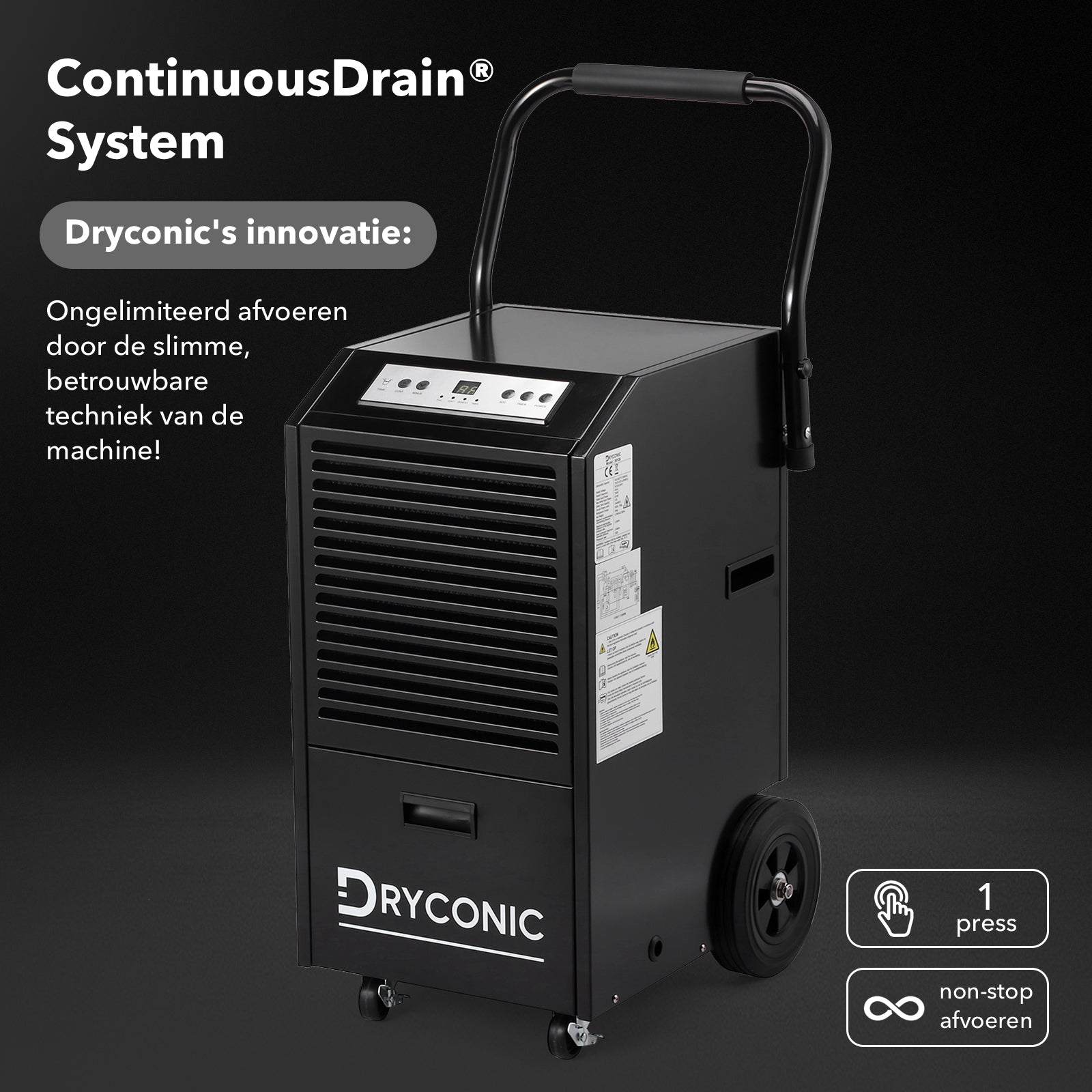 Dryconic Bouwdroger 70L - professioneel - 5,5L watertank - ContinuousDrain - Auto-Defrost - JobSite metaal