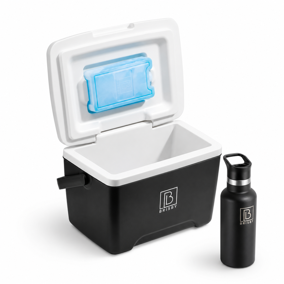 Brisby Koelbox - Frigobox - 8L - Zwart - Tot maximaal 40 uur isolatie - Incl. 2 dikke koelelementen van 450ml - Met koelelementen vergrendeld in deksel en Brisby 500ml Zwarte Dubbelwandige Thermosfles