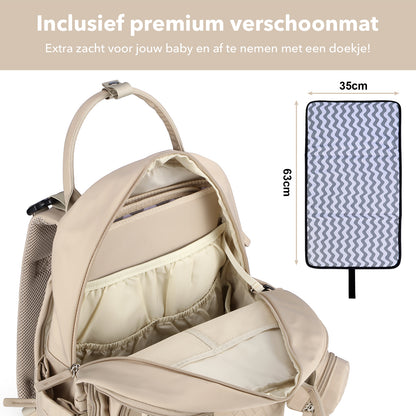 Brisby Premium Luiertas – Uitgebreide en Functionele Verzorgingstas – met buggymontage – Anti Diefstal Vakken - Reistrolley Sleeve - Inclusief verschoonmatje t.w.v.15,99 euro en speenhouder - Levenslange Garantie - Natural Champagne