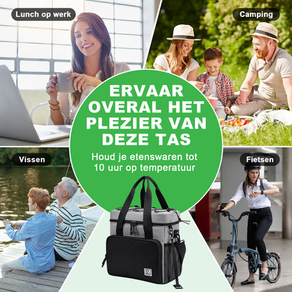 Koeltas 15L zwart grijs met oranje binnenzijde - Lunchtas - 4-laags geïsoleerd - 2 gratis koelelementen - incl. schouderriem