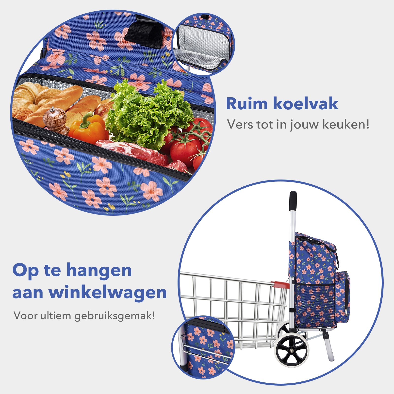 Packaway Boodschappentrolley 45L met Koelvak - Boodschappenwagen met Grote Wielen - Steekwagenfunctie - Waterafstotend - Blue Blossom