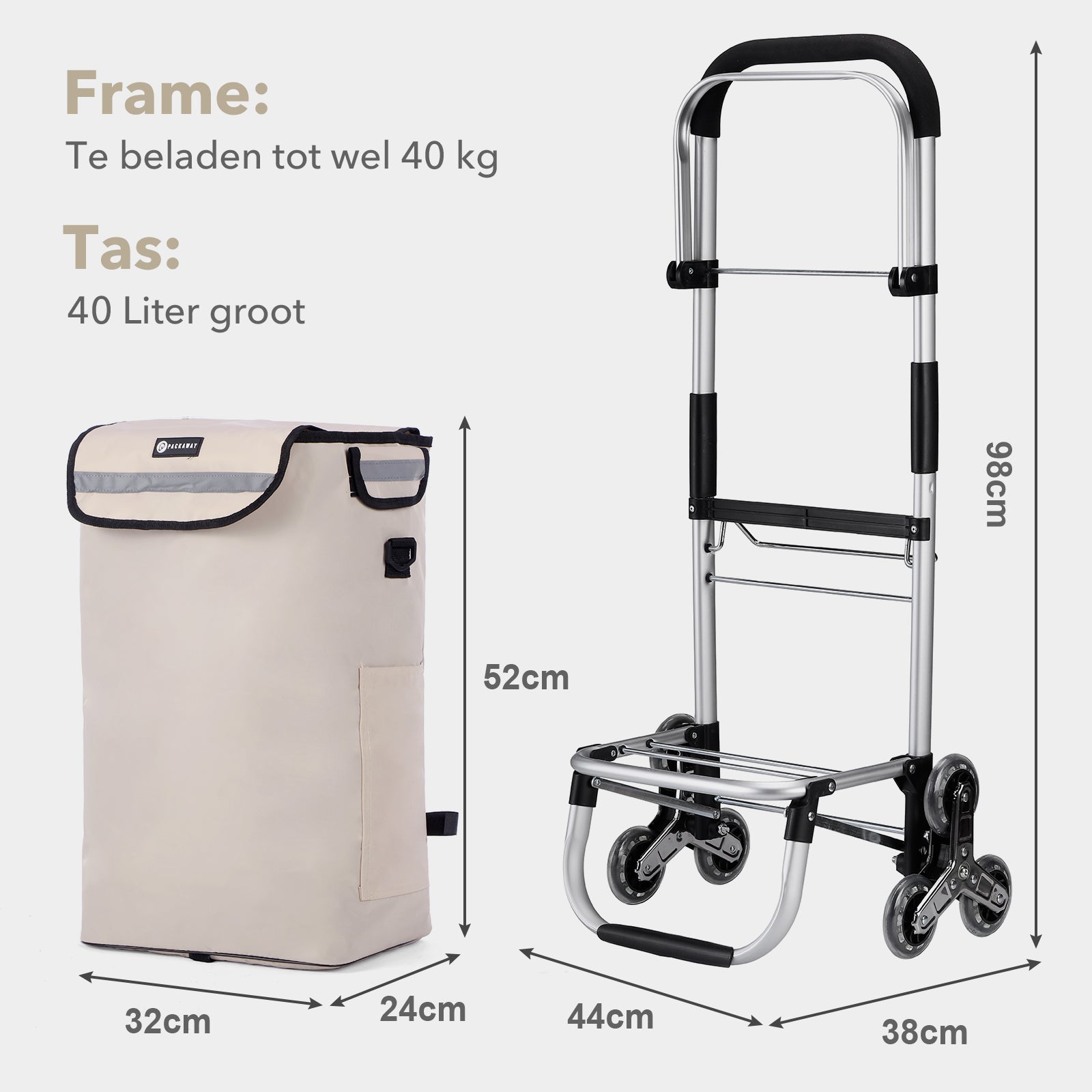 Packaway Boodschappentrolley met 6 Wielen voor Trappen - 40L - Boodschappenwagen - Steekwagen Functie - Champagne
