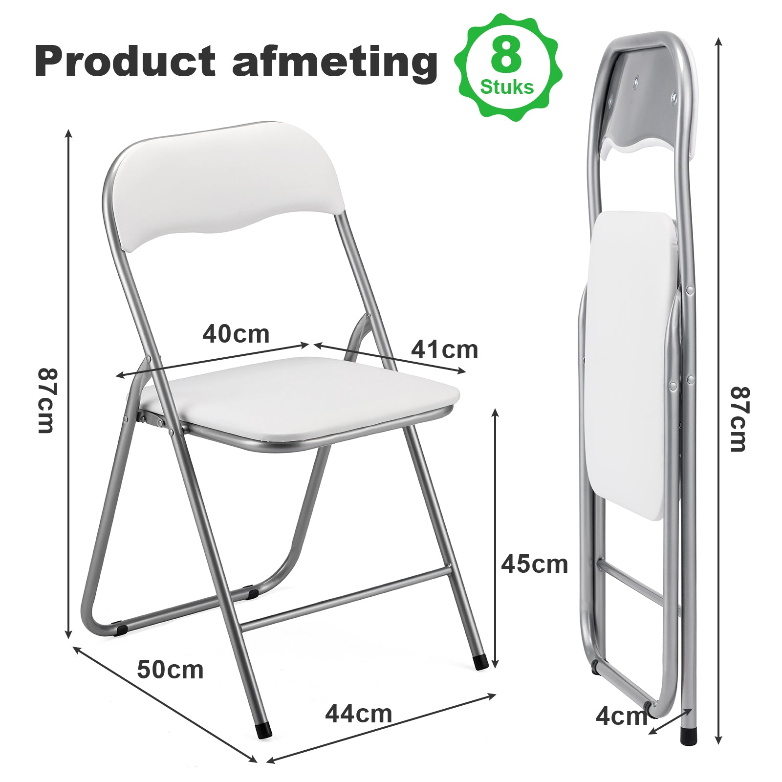 8-delige klapstoelenset - wit - 100kg draagkracht - 43 x 38 x 87 cm