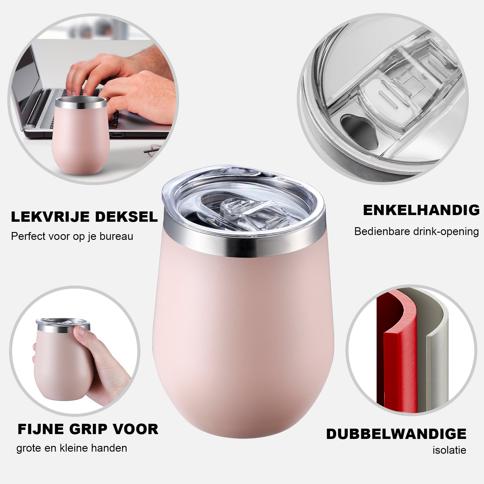 Thermosbeker set roze - 2 bekers met lekvrije deksels - dubbelwandig - 360ml