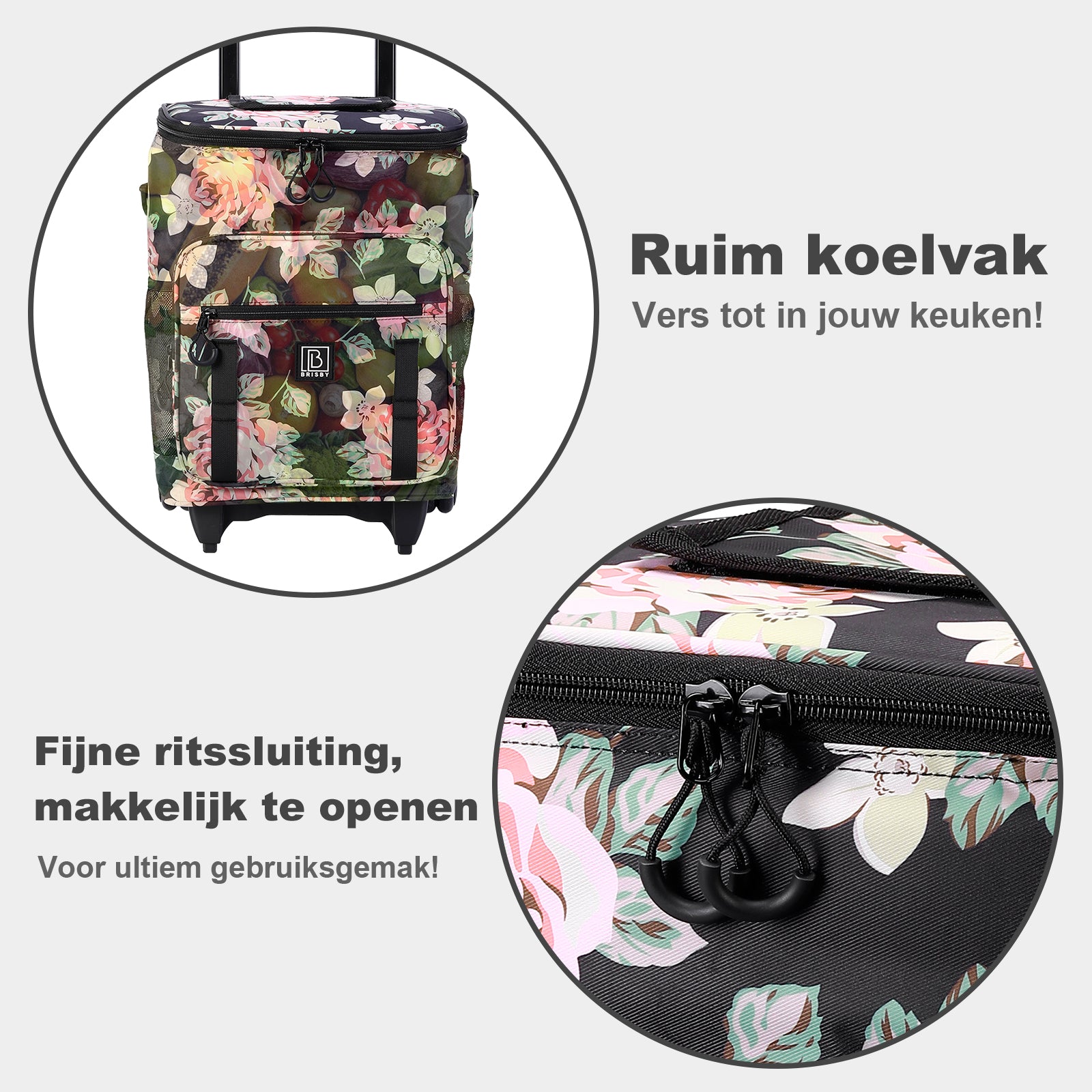 Brisby Boodschappentrolley met Koelvak – 32L Ruimte – Ideaal voor Boodschappen – Inclusief Koelelementen – Waterafstotend – Verstelbaar Handvat – Dark Flower