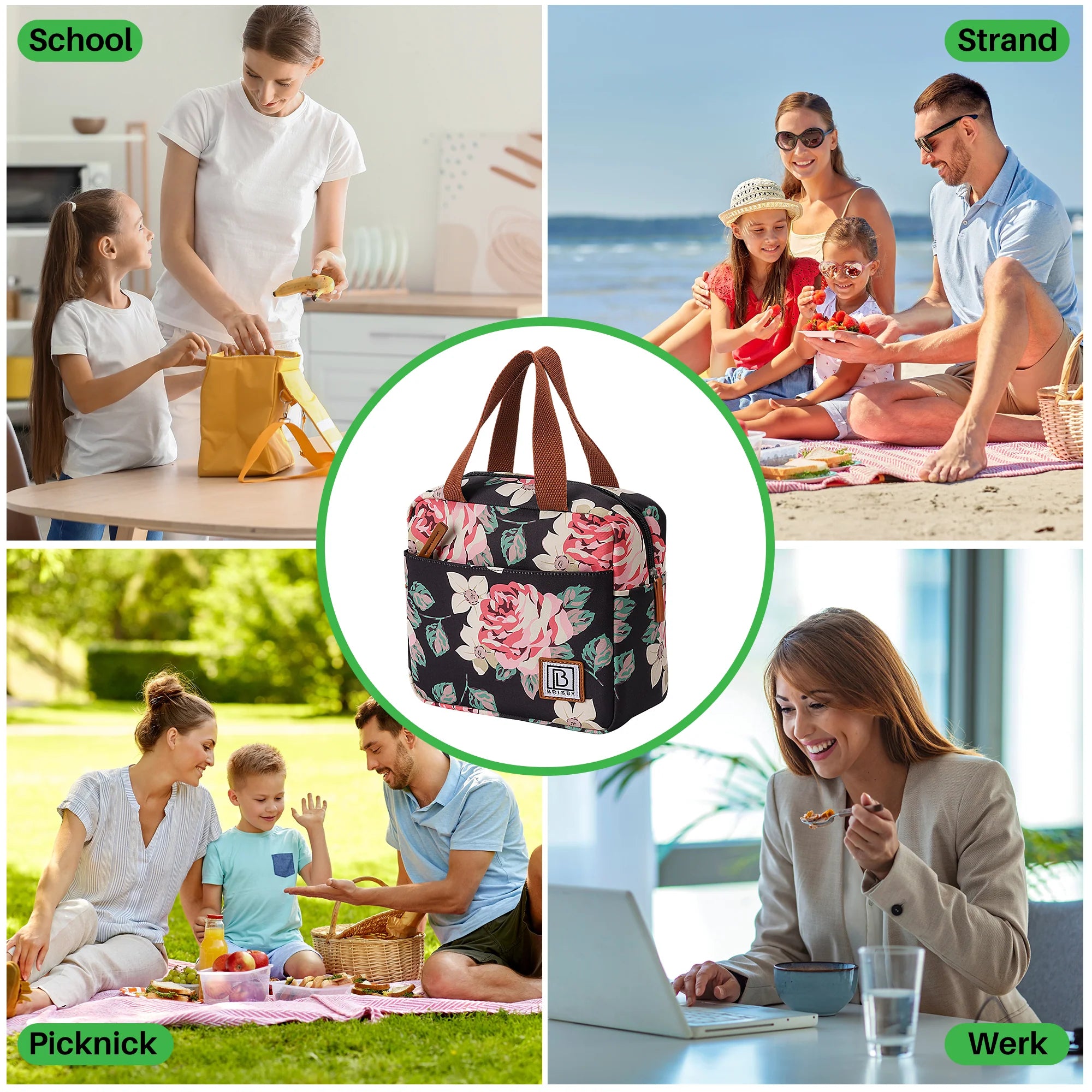 Cooler bag 4L black flowers - 4-layer insulated - free cooling element