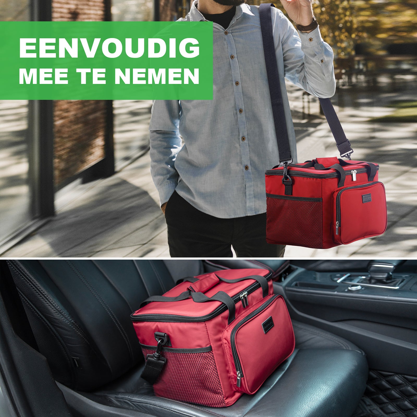 Koeltas 15L koeltas rood - lunchtas - 4-laags geïsoleerd - opvouwbaar - incl. 2 gratis koelelementen en draagband