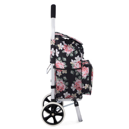 Packaway Boodschappentrolley 45L met Koelvak - Boodschappenwagen met Grote Wielen - Steekwagenfunctie - Waterafstotend - Black Flower