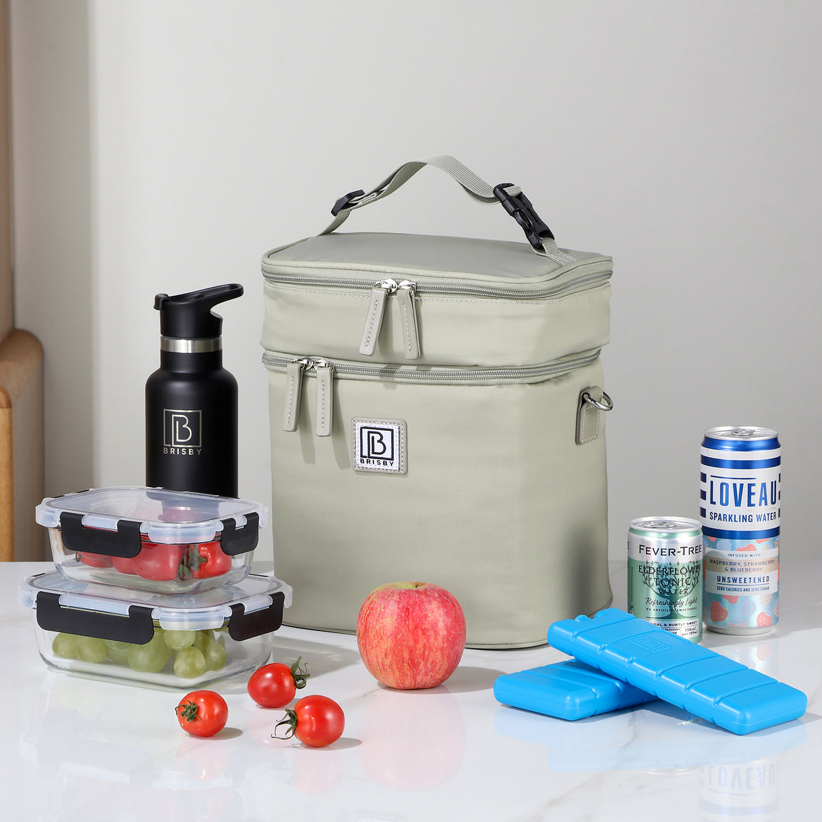 Brisby Koeltas 12 Liter – Lunchtas voor Werk & Onderweg – 2 Geïsoleerde Vakken – Inclusief 2 Koelelementen – Tot 10 Uur Koel - Sage Green