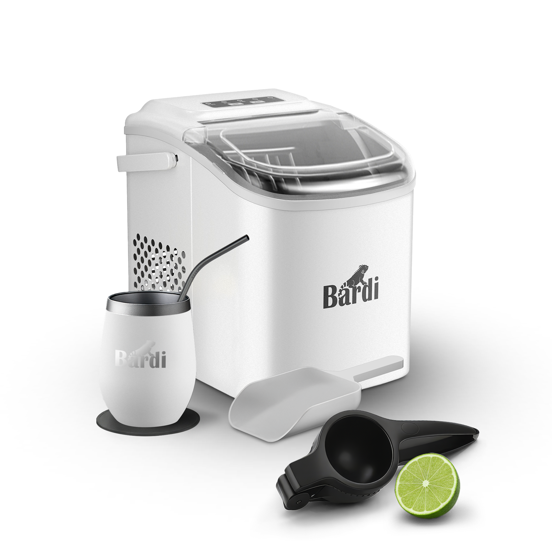 Bardi Deluxe IJsblokjesmachine Set 1,2 Liter - 12KG IJsblokjes in 24 uur - met IJsschep - Inclusief 1 Luxe Thermosbeker en Ijsschep - Wit - Citruspers Zwart