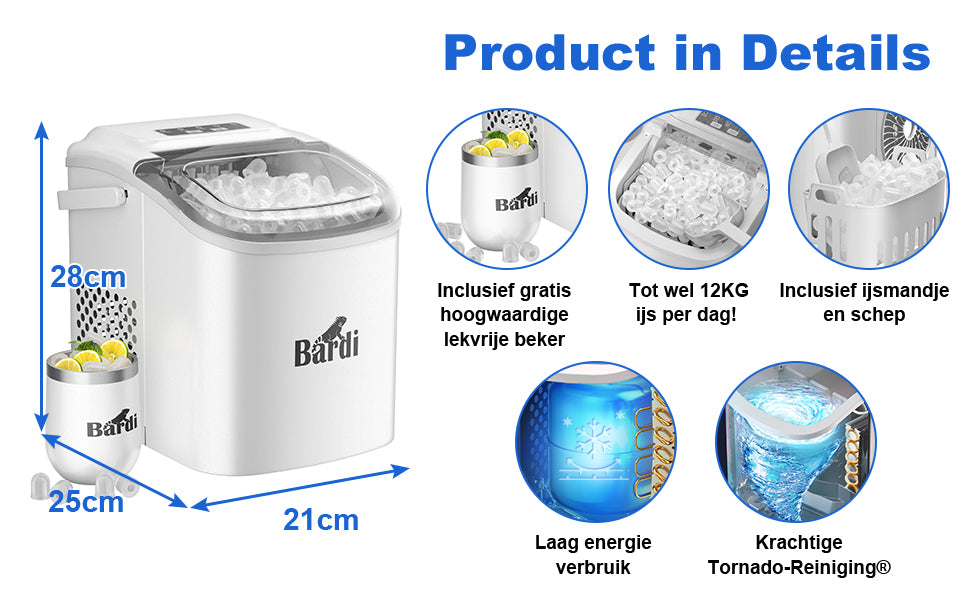 Bardi Deluxe IJsblokjesmachine 1,2L wit - Zelfreinigingsfunctie - ijsblokmaker met ijsschep - Incl. luxe thermosbeker en ijsschep