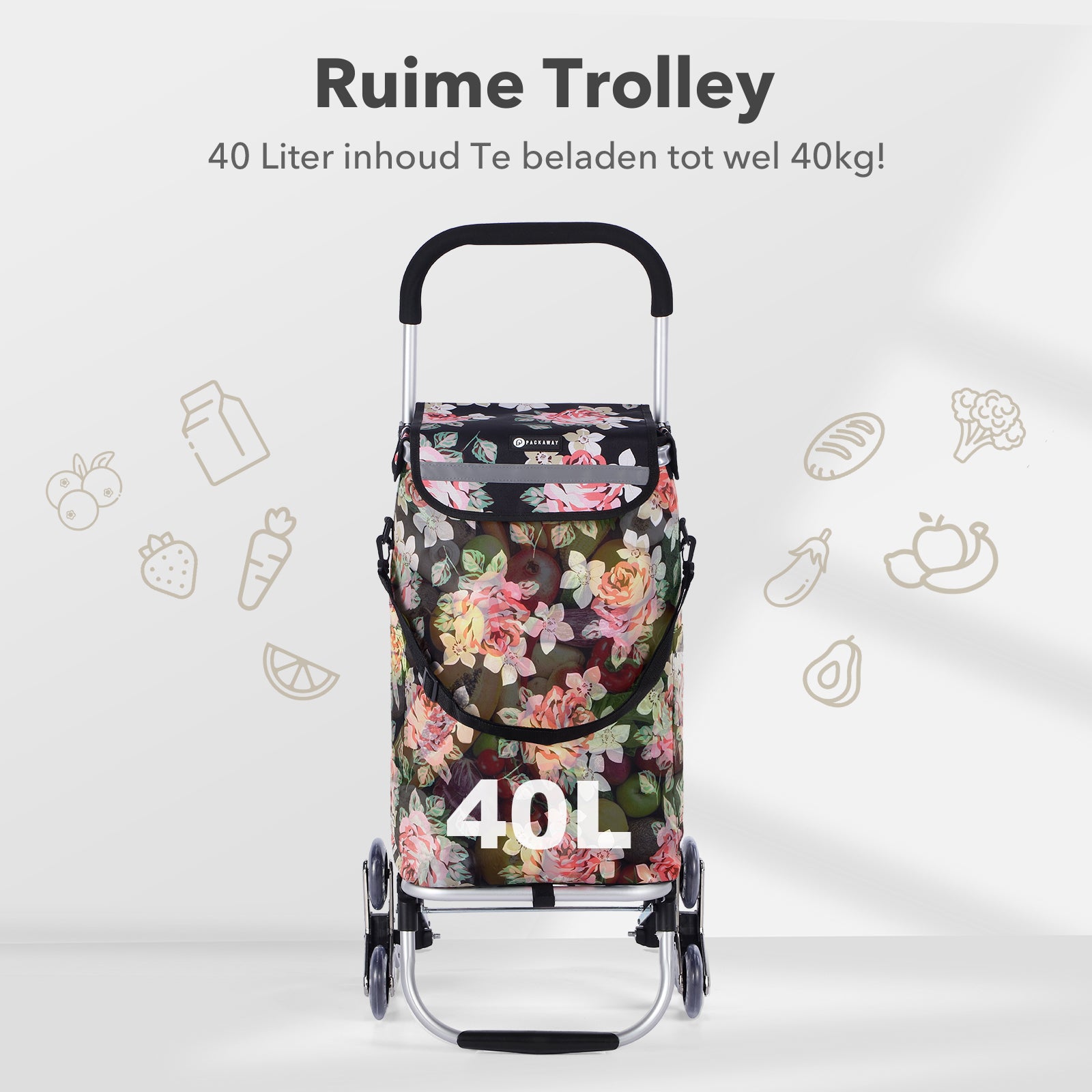 Packaway Boodschappentrolley met Trapwielen 40 Liter - Opvouwbare Boodschappenwagen met ruim Koelvak - Black Flower