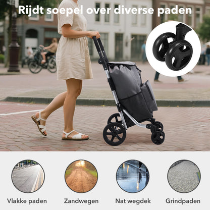 Boodschappentrolley deluxe 60L grijs - koelvak - boodschappenwagen - steekwagenfunctie - verstelbaar handvat