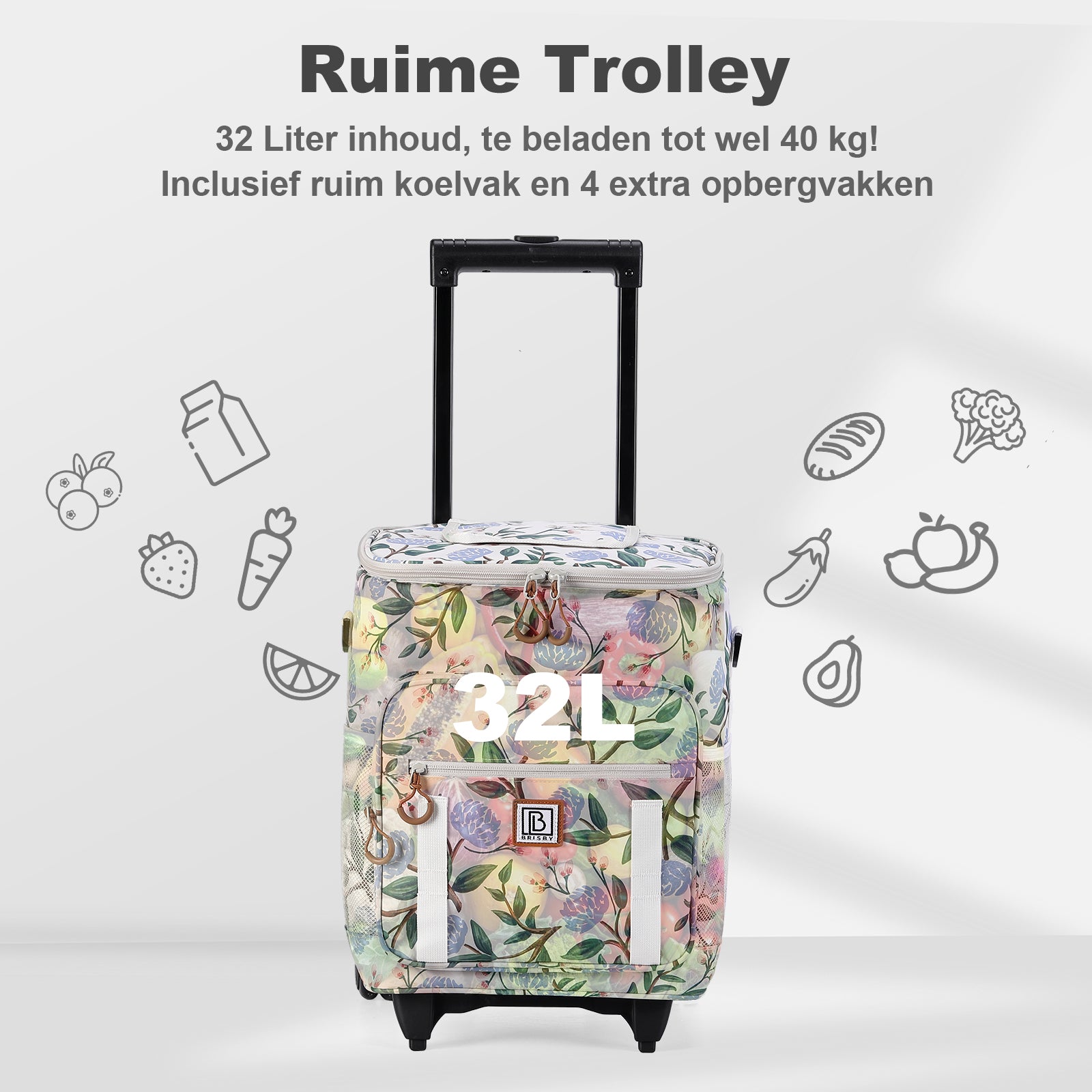 Brisby Boodschappentrolley met Koelvak – 32L Ruimte – Ideaal voor Boodschappen – Inclusief Koelelementen – Waterafstotend – Verstelbaar Handvat – White Flower