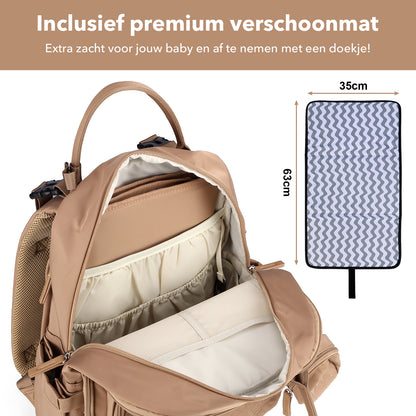 Brisby Premium Luiertas – Uitgebreide en Functionele Verzorgingstas – met buggymontage – Anti Diefstal Vakken - Reistrolley Sleeve - Inclusief verschoonmatje t.w.v.15,99 euro en speenhouder - Levenslange Garantie - True Terracotta
