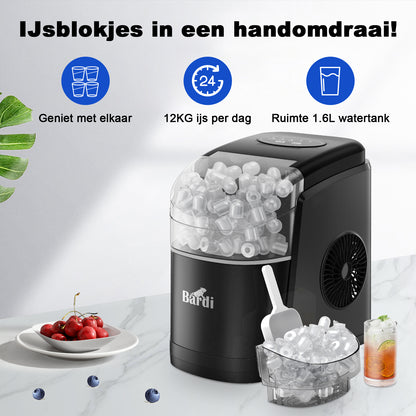 Bardi Deluxe IJsblokjesmachine 1,6L zwart - Zelfreinigingsfunctie - ijsblokmaker met ijsschep - Incl. luxe thermosbeker en ijsschep