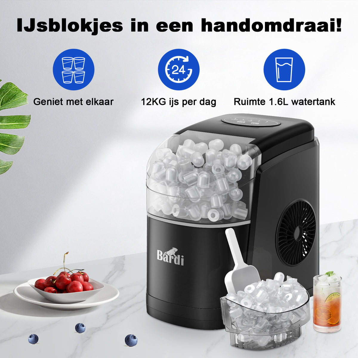Bardi IJsblokjesmachine set 1,6L zwart - incl. 3 thermoscups white flower en ijsschep