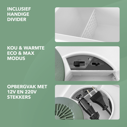 Elektrische koelbox 40L groen SET - Incl. 8L passieve koelbox - incl. divider en koelelementen - AC/DC 12V, 220/230V