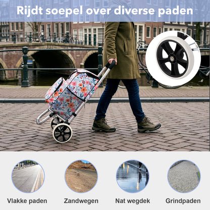 Packaway Boodschappentrolley 45L met Koelvak - Boodschappenwagen met Grote Wielen - Steekwagenfunctie - Waterafstotend - Pastel Blossom