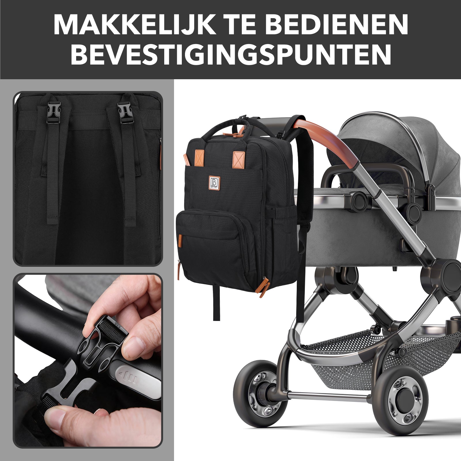 Brisby Luiertas original zwart - incl. buggymontage en verschoningsmat