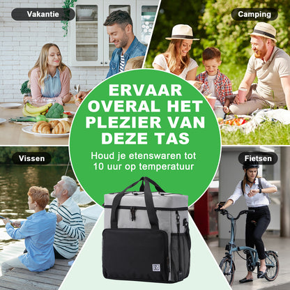 Koeltas 40L zwart/grijs met oranje binnenzijde - Lunchtas - 4-laags geïsoleerd - 6 gratis koelelementen - incl. schouderband