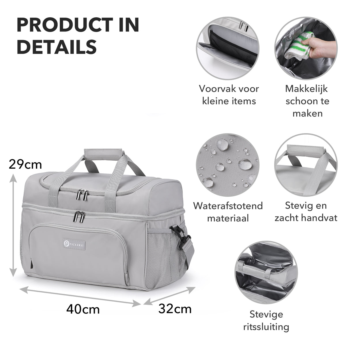Packaway Koeltas 30L - Lunchtas - Inclusief 4 Koelelementen - Dubbel Compartiment - 4-Laags Geïsoleerd - Waterafstotend - Modern Grey
