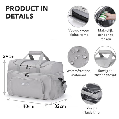 Packaway Koeltas 30L - Lunchtas - Inclusief 4 Koelelementen - Dubbel Compartiment - 4-Laags Geïsoleerd - Waterafstotend - Modern Grey