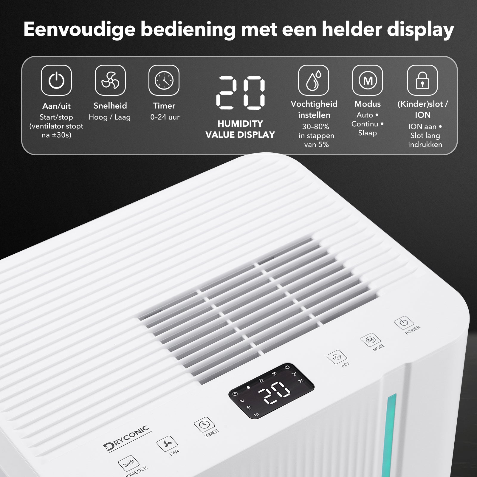 Dryconic Luchtontvochtiger 12L - automatische vochtregeling - 2,1L tank - drainage optie - stil & energiezuinig