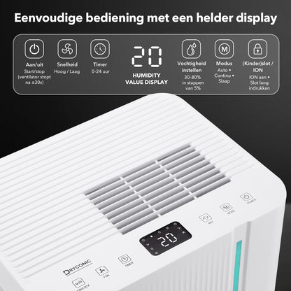 Dryconic Luchtontvochtiger 12L - automatische vochtregeling - 2,1L tank - drainage optie - stil & energiezuinig