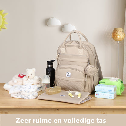 Brisby Premium Luiertas – Uitgebreide en Functionele Verzorgingstas – met buggymontage – Anti Diefstal Vakken - Reistrolley Sleeve - Inclusief verschoonmatje t.w.v.15,99 euro en speenhouder - Levenslange Garantie - Natural Champagne
