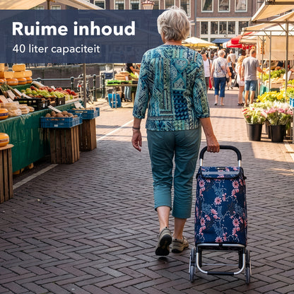 Packaway Boodschappentrolley met Trapwielen 40 Liter - Opvouwbare Boodschappenwagen met ruim Koelvak - Japanese Flower