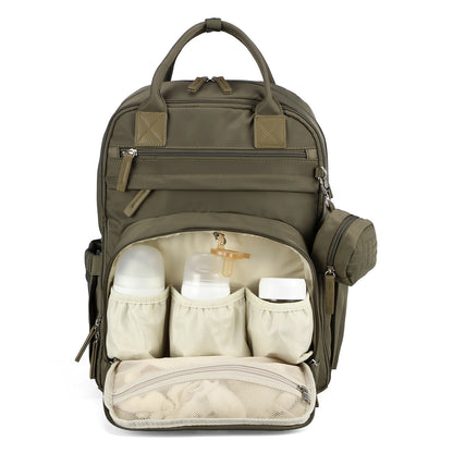 Brisby Premium Luiertas – Uitgebreide en Functionele Verzorgingstas – met buggymontage – Anti Diefstal Vakken - Reistrolley Sleeve - Inclusief verschoonmatje t.w.v.15,99 euro en speenhouder - Levenslange Garantie - Olive Green