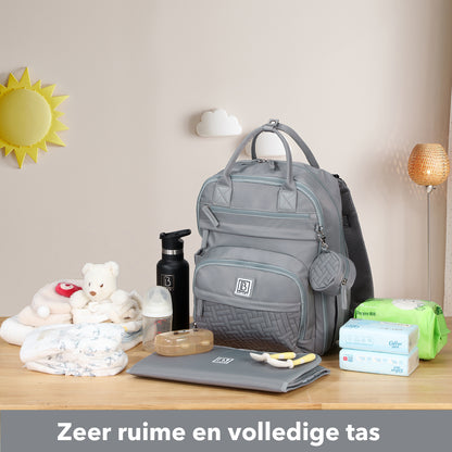 Brisby Premium Luiertas – Uitgebreide en Functionele Verzorgingstas – met buggymontage – Anti Diefstal Vakken - Reistrolley Sleeve - Inclusief verschoonmatje t.w.v.15,99 euro en speenhouder - Levenslange Garantie - Misty Grey