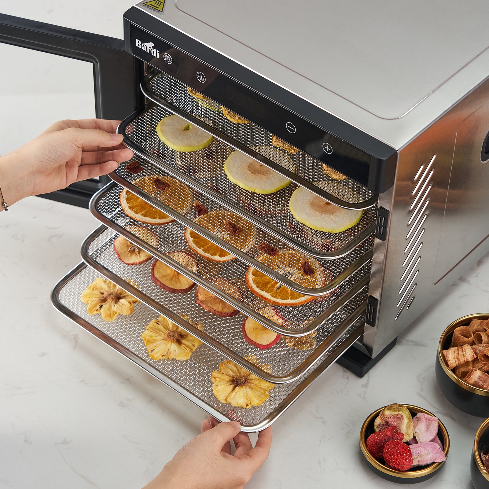 Bardi Voedseldroger 6-laags 650W RVS - 24-uurs timer - led-bedieningspaneel - incl. 6 inlegvellen en voedseltang