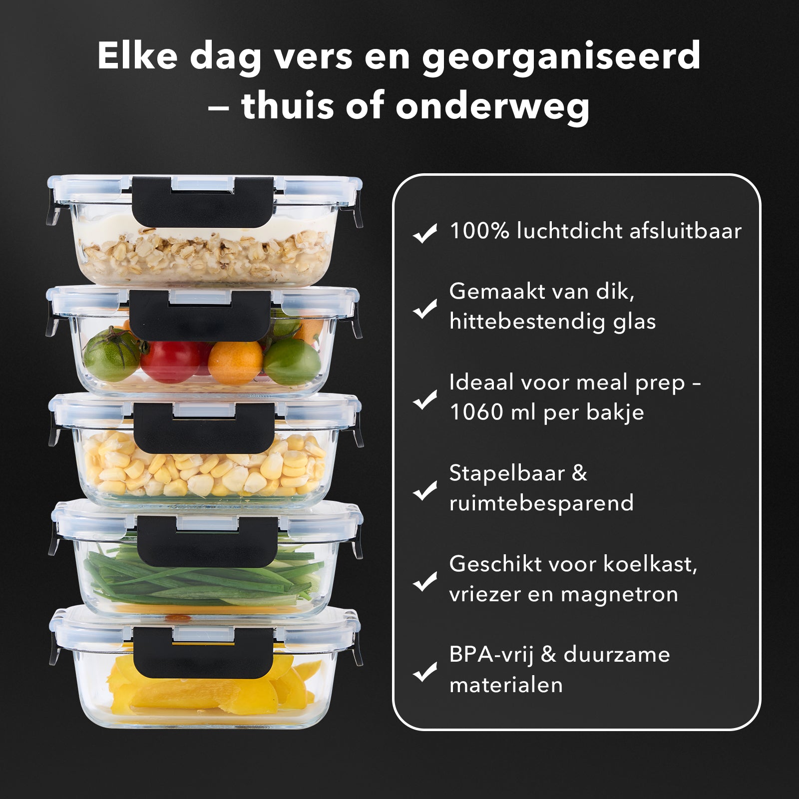 BARDI 5 Delige Glazen Meal Prep Bakjes Inclusief 10 Stuks Wonderspons - Glazen Vershoudbakjes - Glazen Opbergbakken - Diepvriesbakken - Luchtdicht - BPA Vrij - 1060ML - Glas - Zwarte Clips