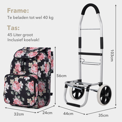 Packaway Boodschappentrolley 45L met Koelvak - Boodschappenwagen met Grote Wielen - Steekwagenfunctie - Waterafstotend - Black Flower